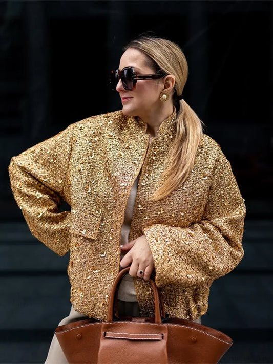 Golden Sequins Bomber Short Coat Gold / XS