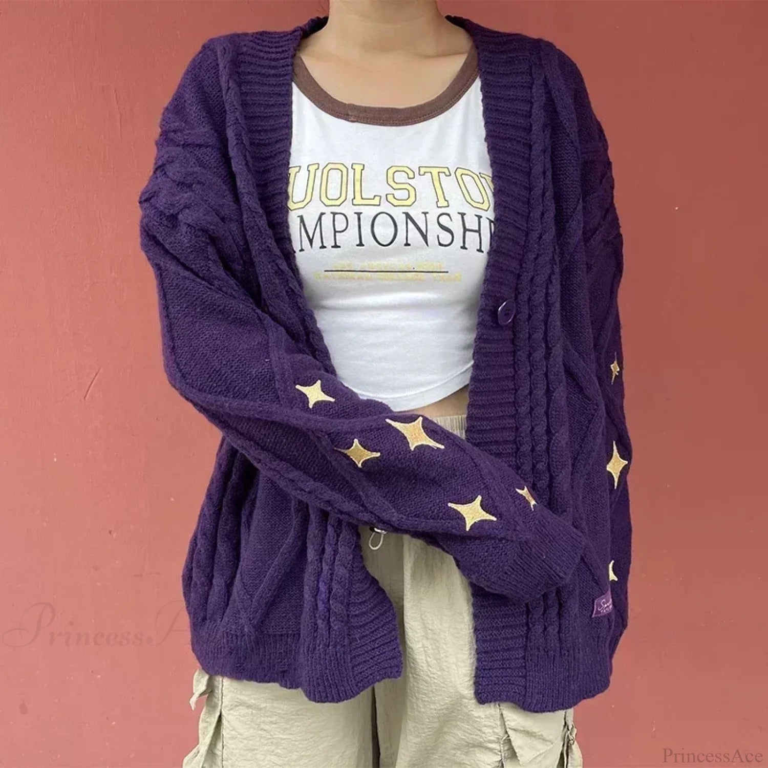 Golden Star Embroidery Button Cardigan purple / S