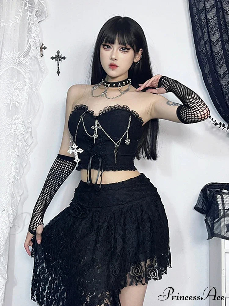 Gothic Dark Punk Harajuku Grunge Stylish Elegant Chic Trendy Lace-Up Crop Top