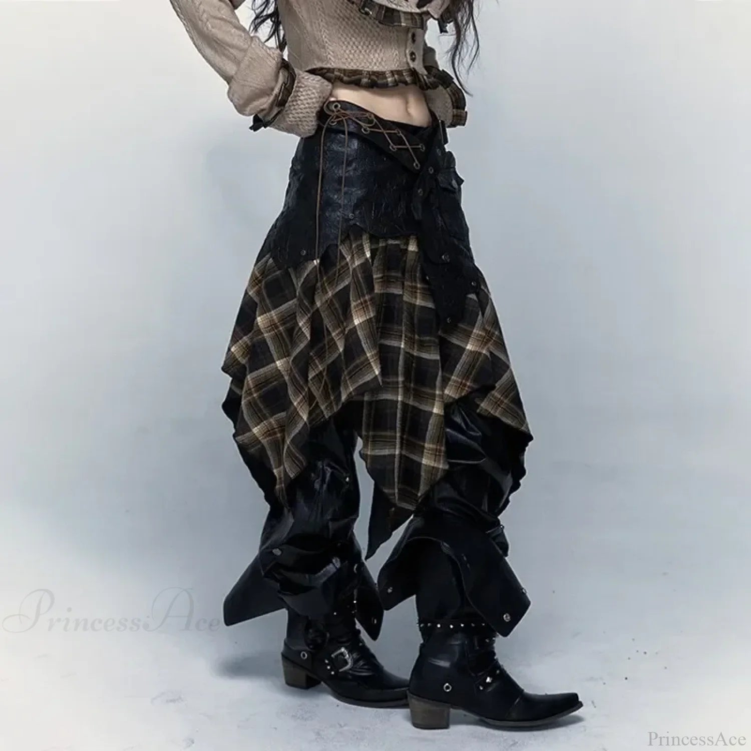 Gothic Harajuku Plaid Patchwork Skirt lattice / S