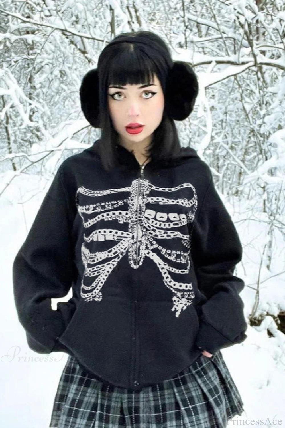 Gothic Skeleton Chain Zip Hoodie Black / S