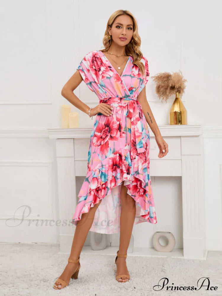 Gown Flowered For Front Wrap Design Midi Women Women’s Short Sleeve Hi-Low Dress
