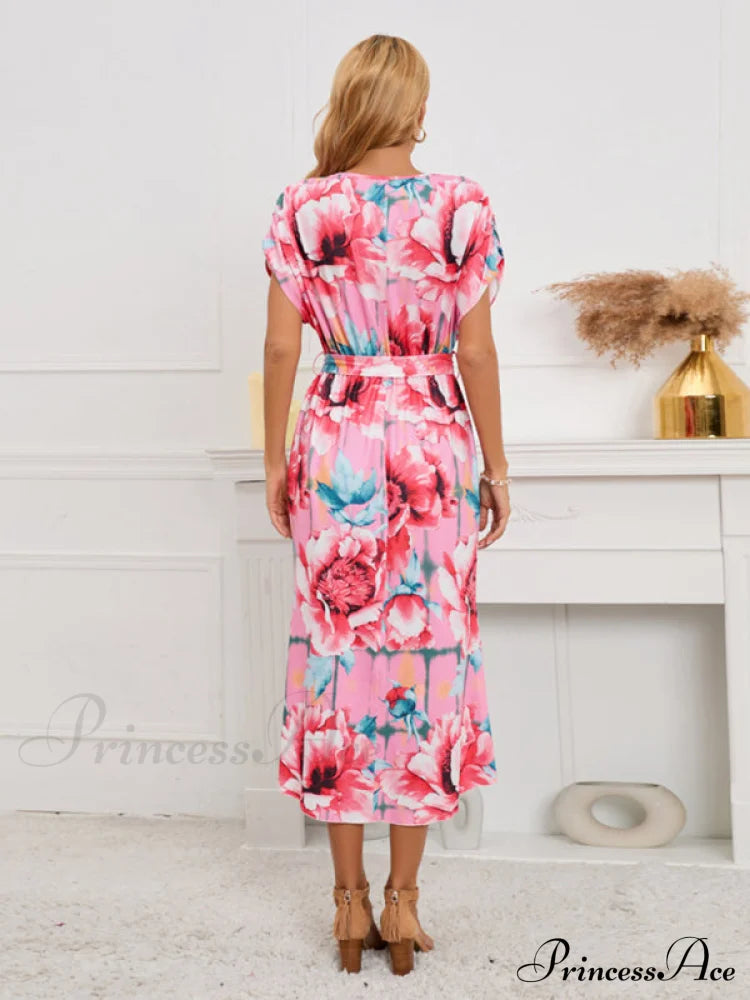 Gown Flowered For Front Wrap Design Midi Women Women’s Short Sleeve Hi-Low Dress