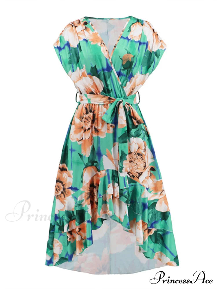 Gown Flowered For Front Wrap Design Midi Women Women’s Short Sleeve Hi-Low Dress