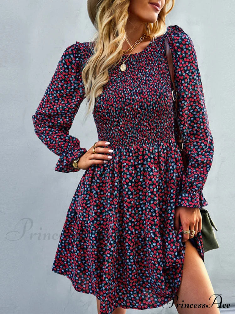 Gown Neck And For Spring A-Line Flowered Skirt Round Long-Sleeved - Summer Coats-L