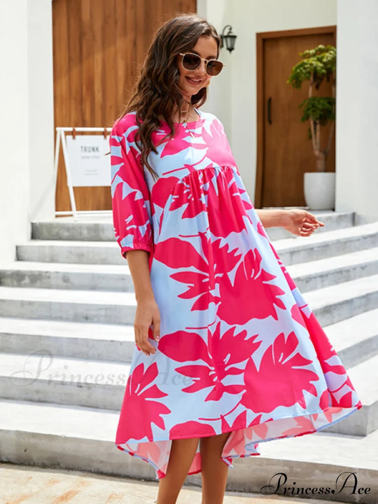 Gown Printing Round Loose Woven For Neck Women Women’s Mid Sleeve Midi Dress