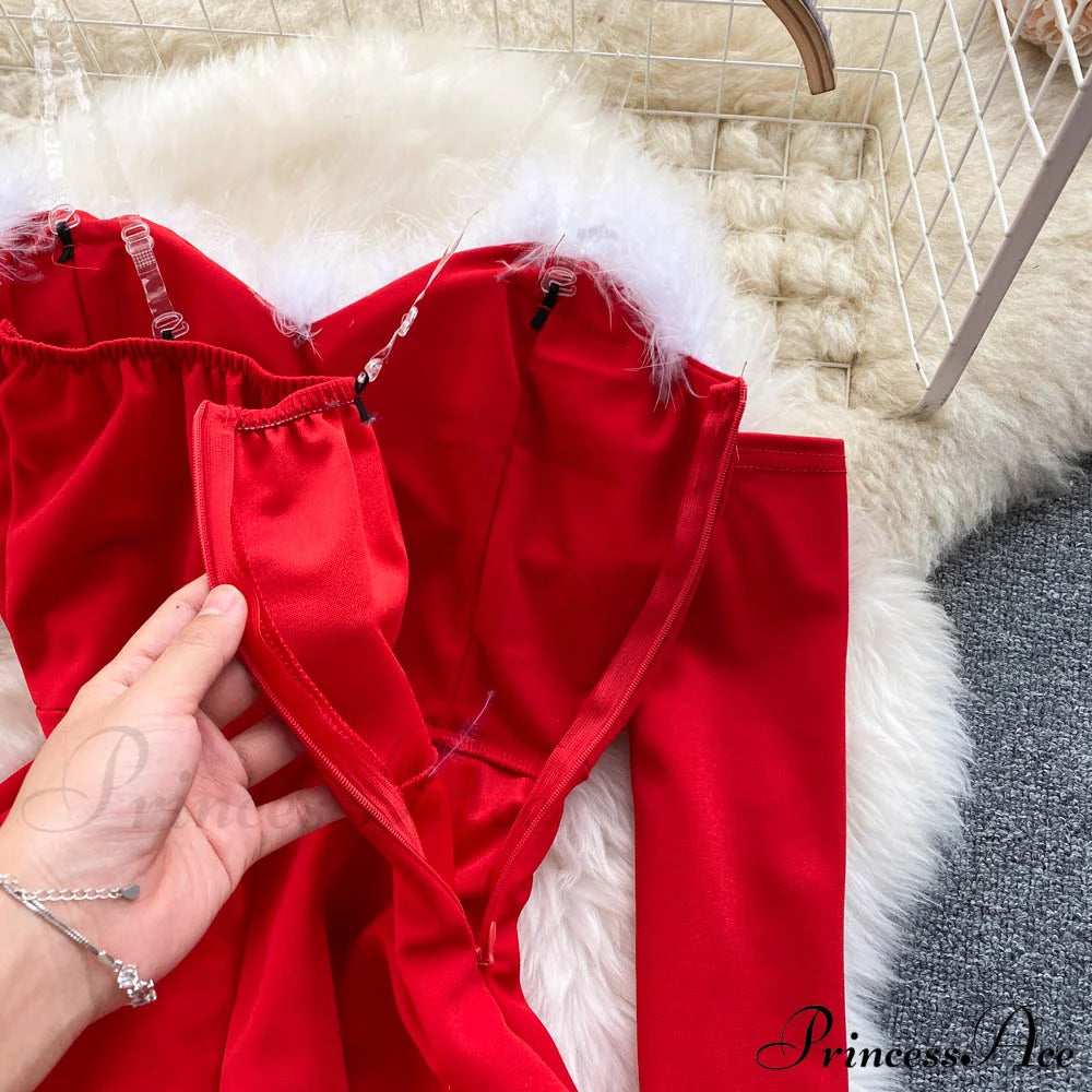 Gown Red For Backless Furry Strapless Elegant - Women Party New Year/Christmas/Femme