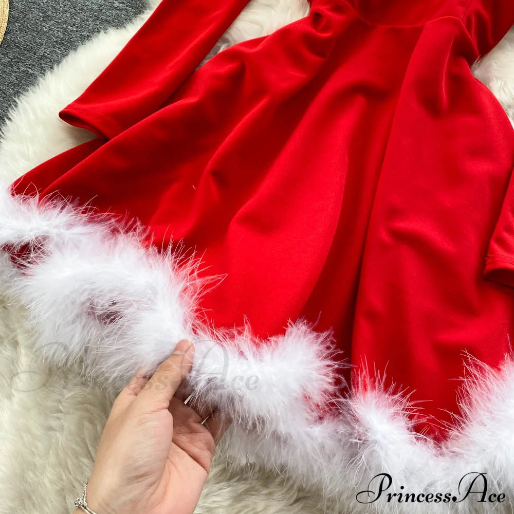 Gown Red For Backless Furry Strapless Elegant - Women Party New Year/Christmas/Femme