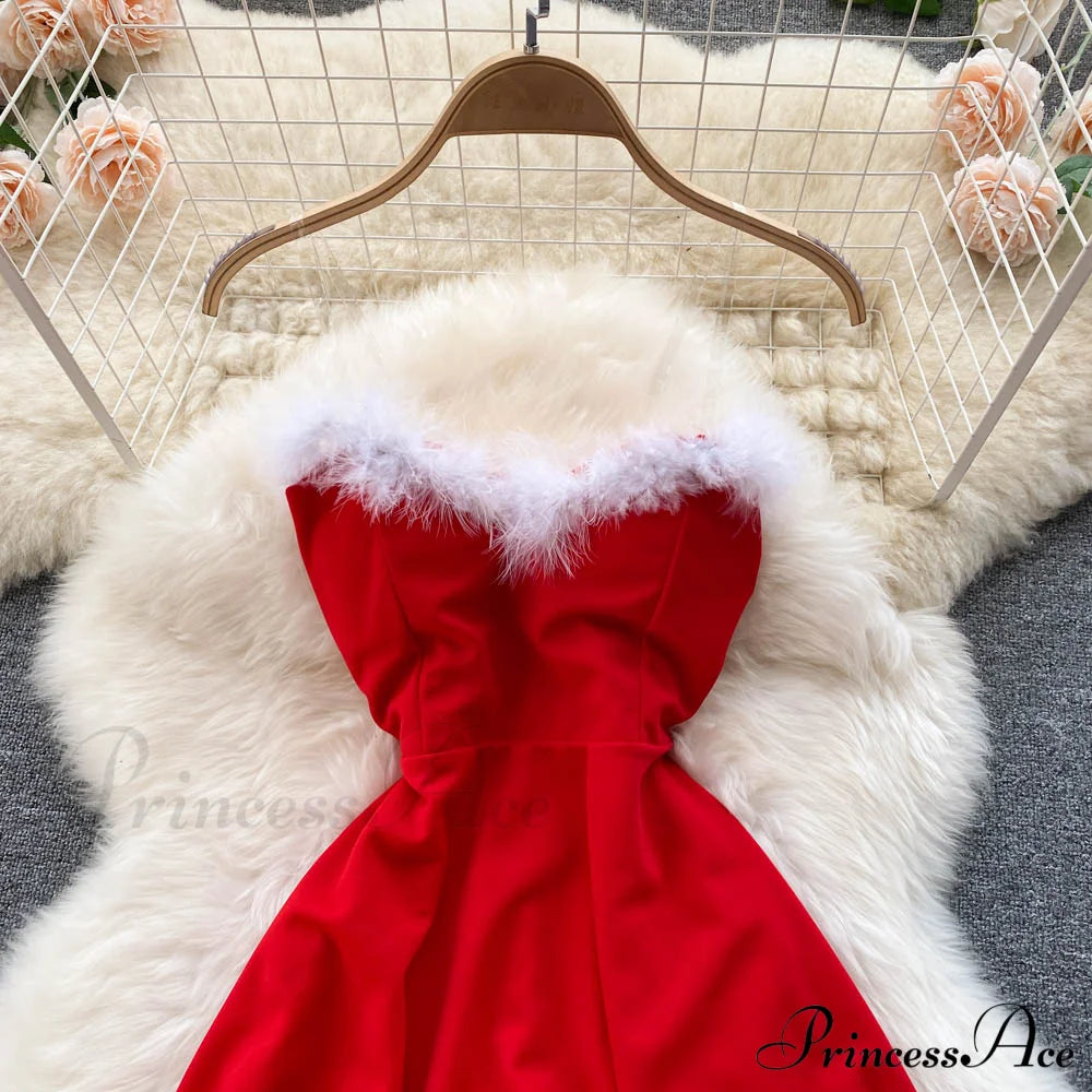 Gown Red For Backless Furry Strapless Elegant - Women Party New Year/Christmas/Femme
