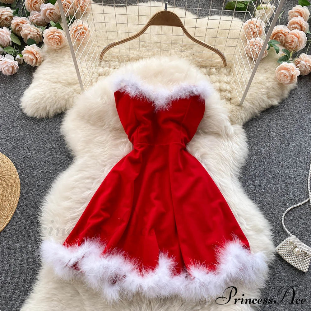Gown Red For Backless Furry Strapless Elegant - Women Party New Year/Christmas/Femme