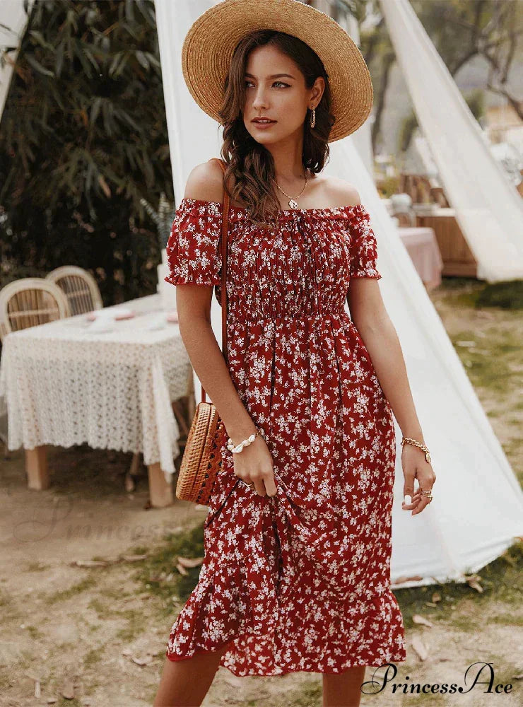 Gown With Brief Bohemian Arm Print M / Burgundy Print Dress