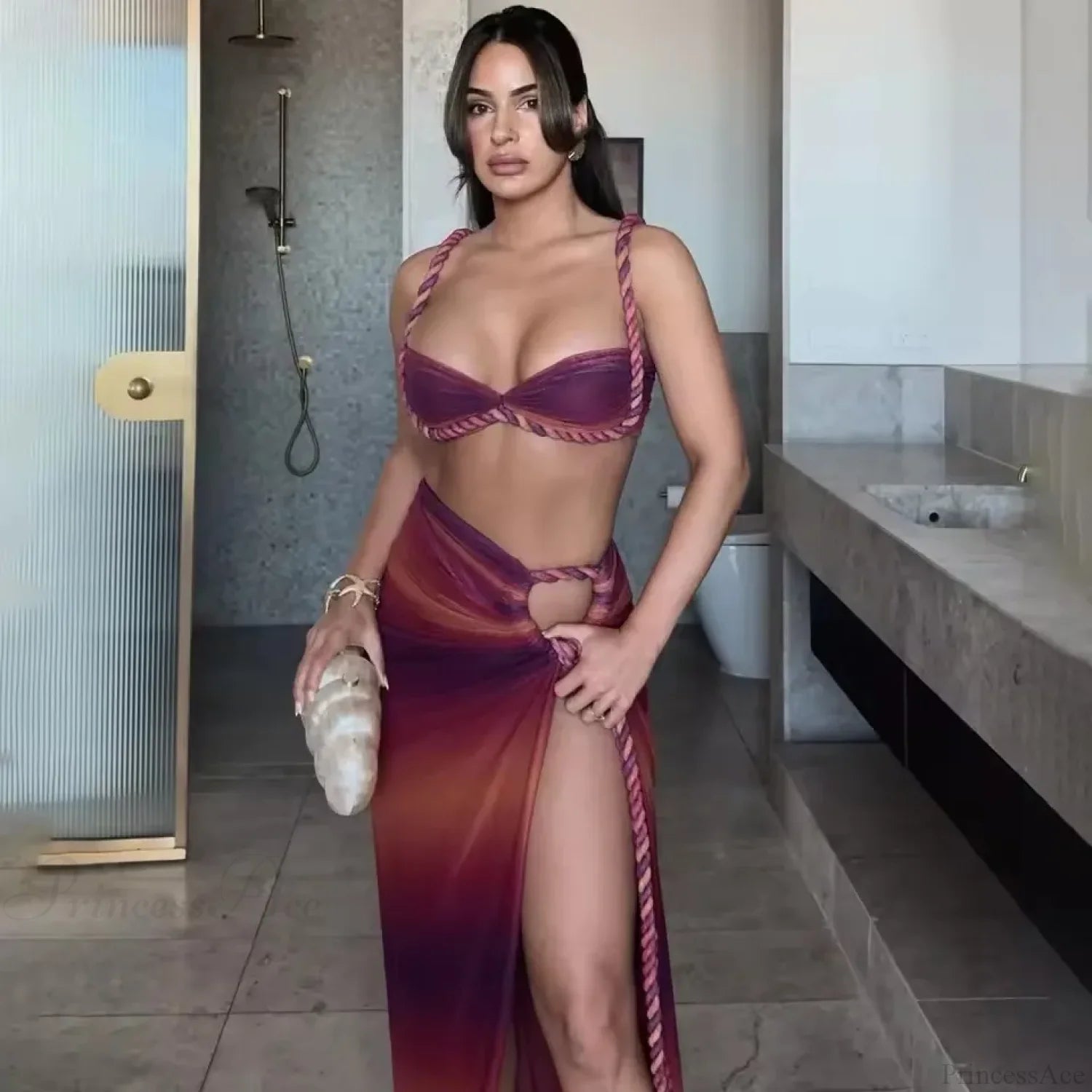 Gradient Bikini Set with Long Skirt Three Piece Swimsuit