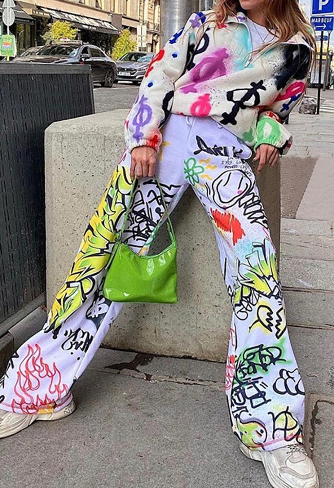 Graffiti Print Graceful Bodycon Maxi Dress Pants