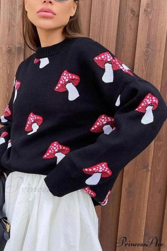 Graphic Mushroom Pullover Sweater Black / M Sweaters-L