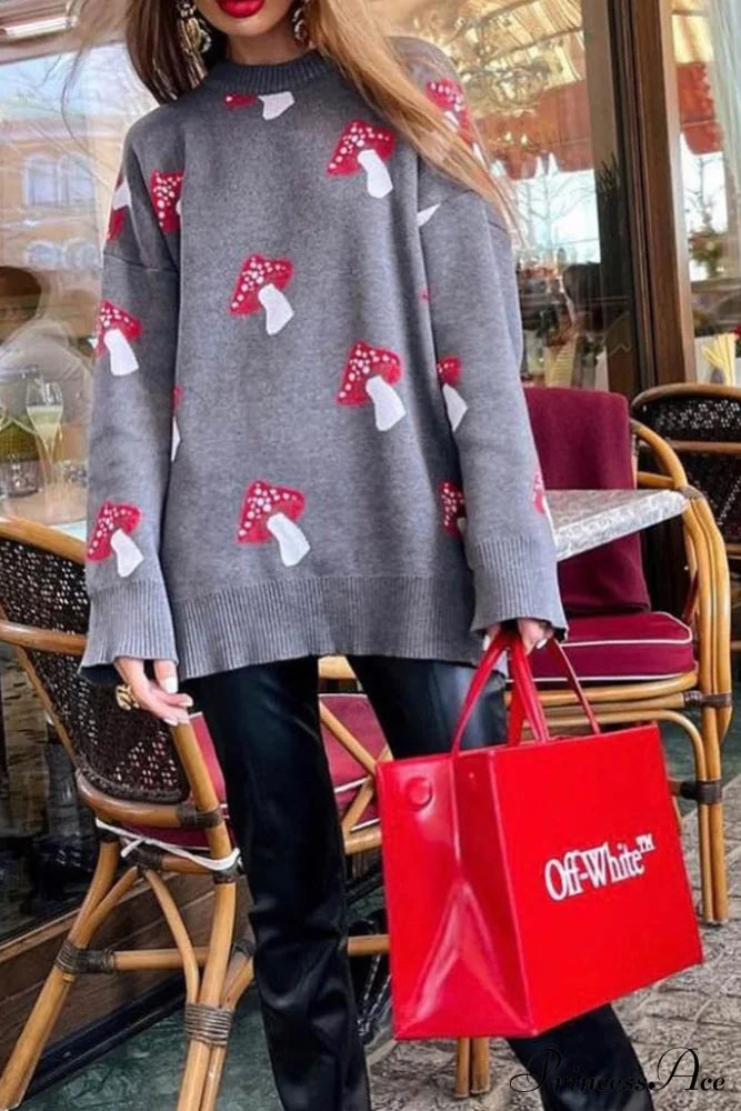 Graphic Mushroom Pullover Sweater Grey / L Sweaters-L