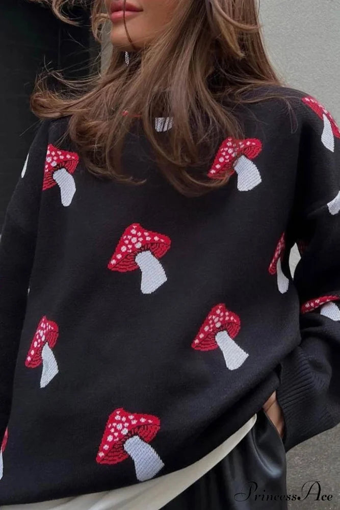 Graphic Mushroom Pullover Sweater Sweaters-L