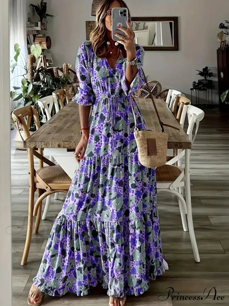 Graphic Print Maxi Dress With Slim Waist And Drawstring V Neck S / Gray