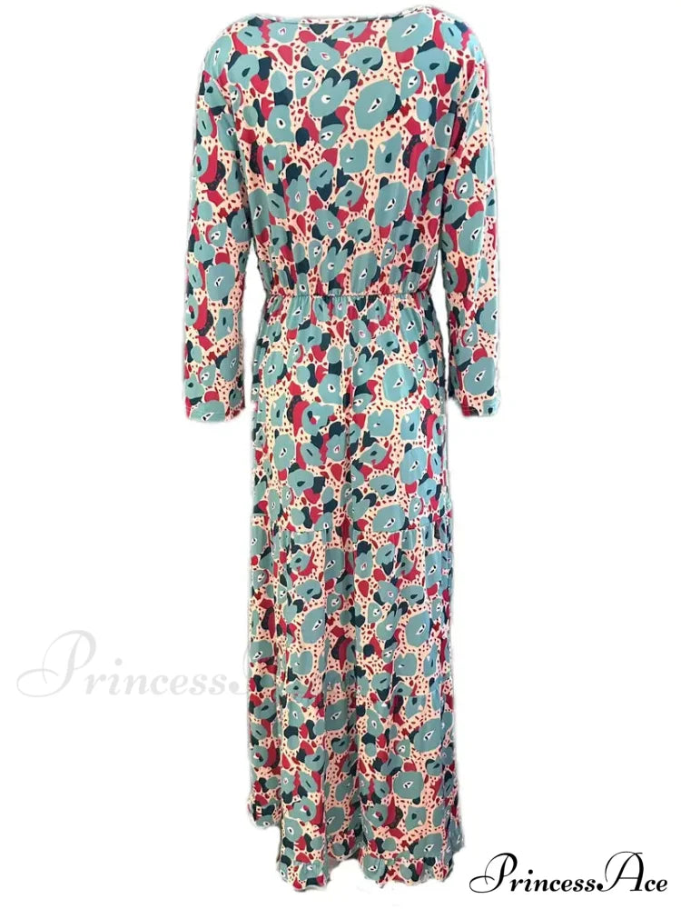 Graphic Print Maxi Dress With Slim Waist And Drawstring V Neck S / Orange