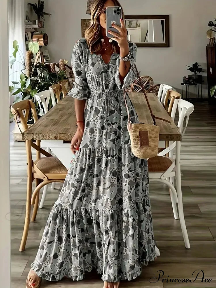 Graphic Print Maxi Dress With Slim Waist And Drawstring V Neck S / Purple