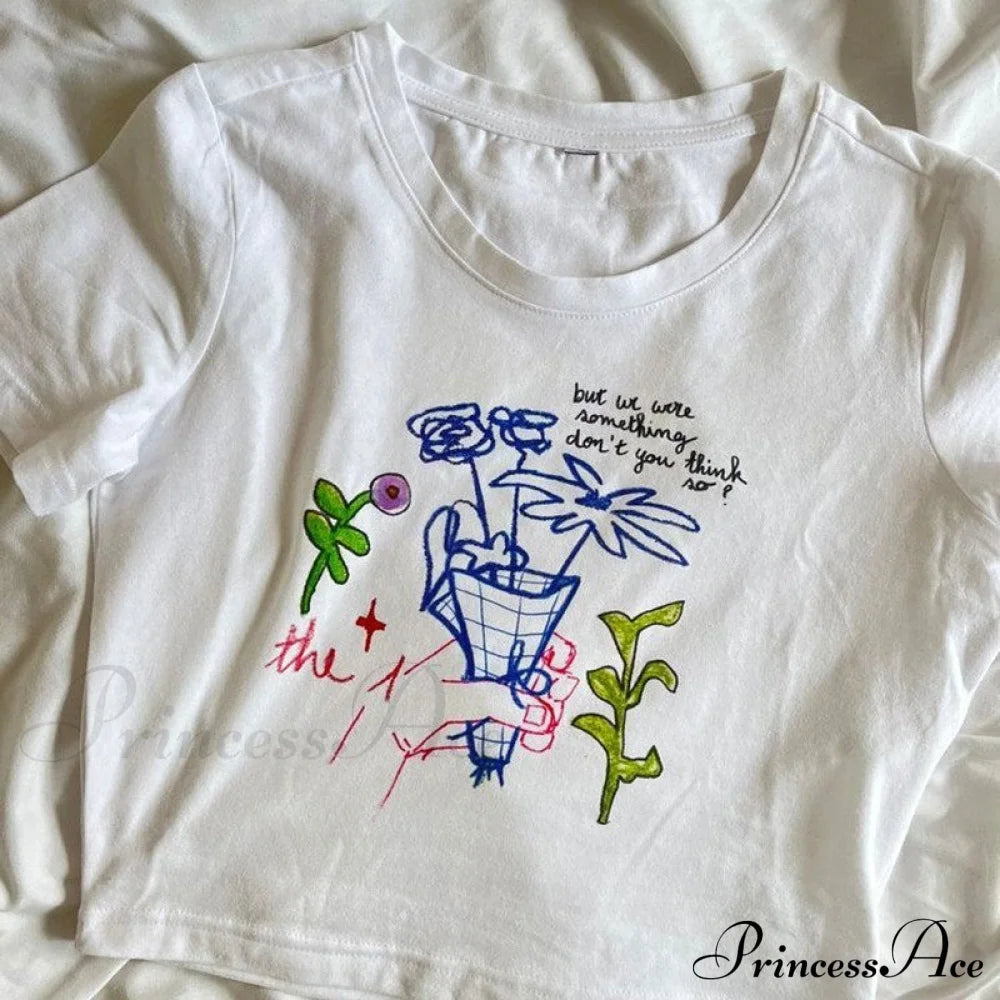 Graphic Round Neck Charming Crop White Tee