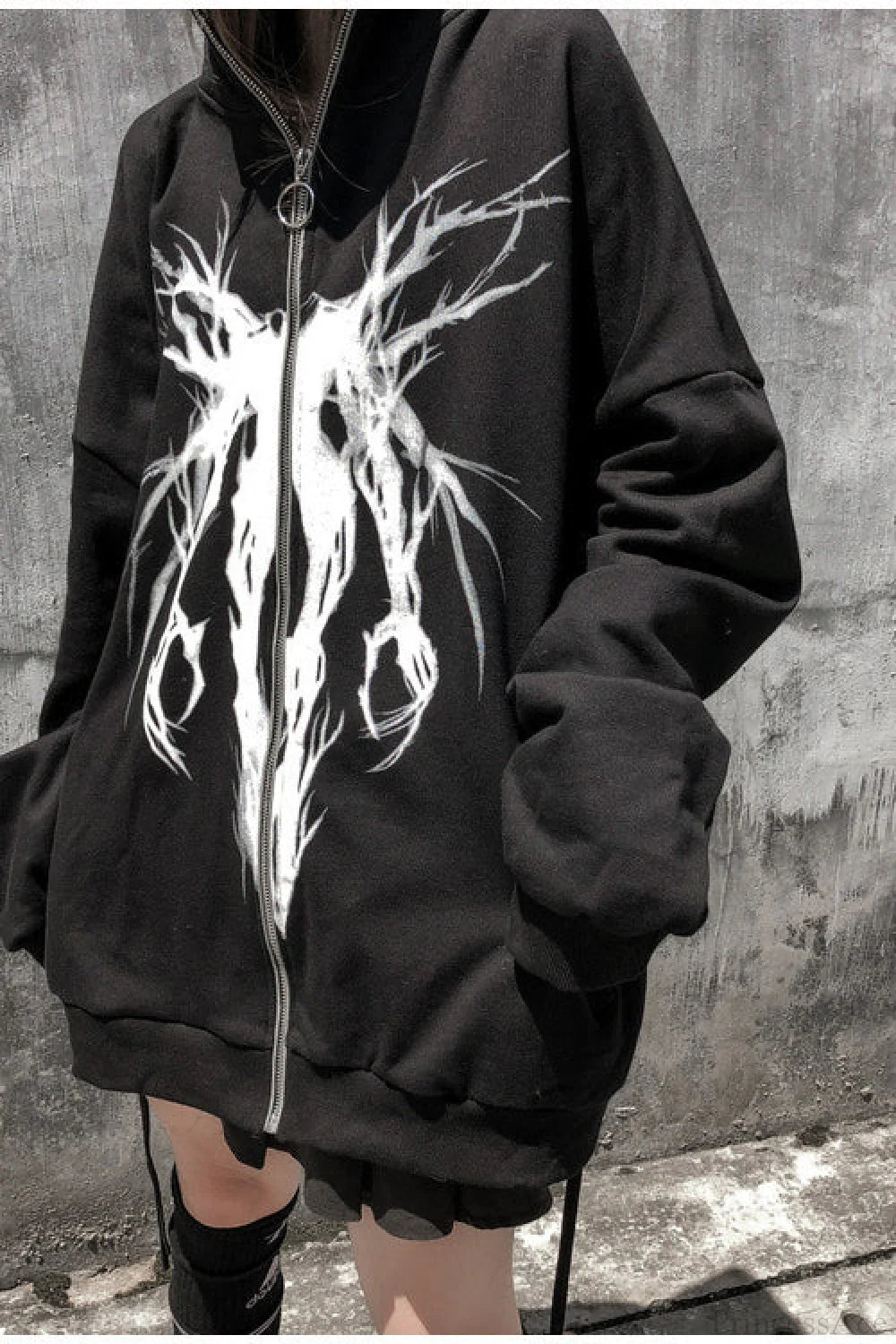 Graphic Zip Up Oversized Hoodie Black / M
