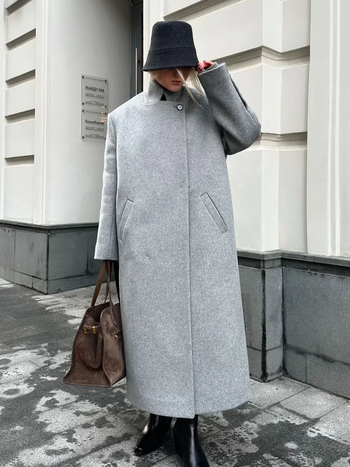 Gray Casual Wool Notched Button Up Overcoat