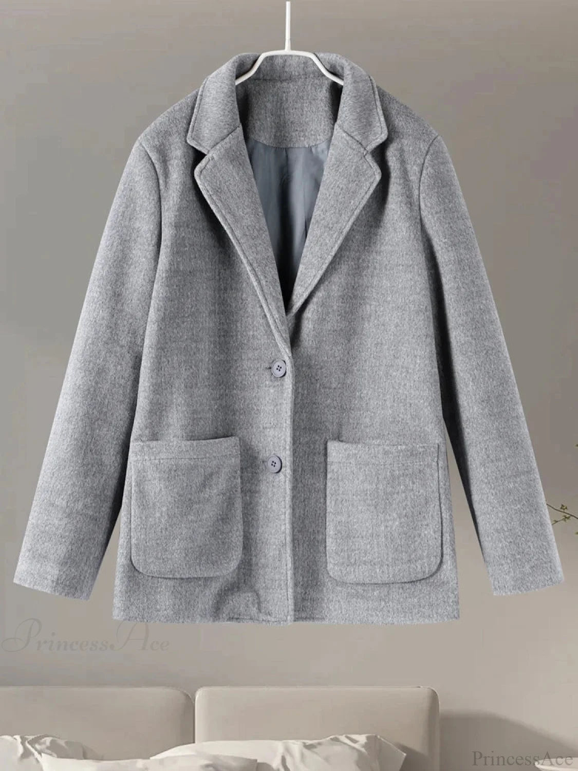 Gray Casual Wool Notched Button Up Overcoat gray short coat / S