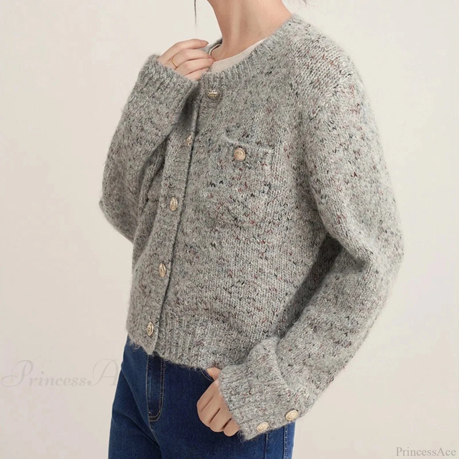 Gray Elegant O-neck Button Cardigan GRAY / One Size