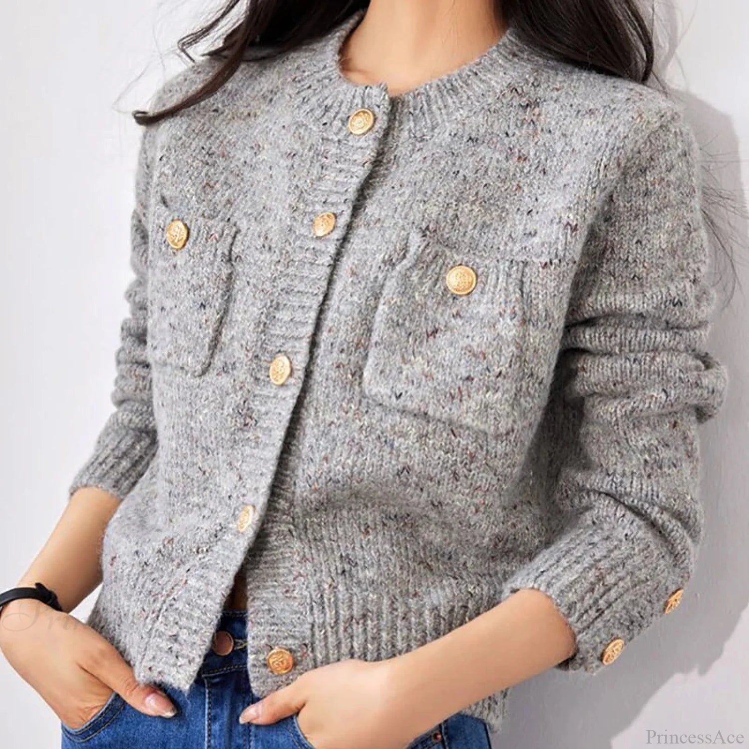 Gray Elegant O-neck Button Cardigan GRAY / One Size