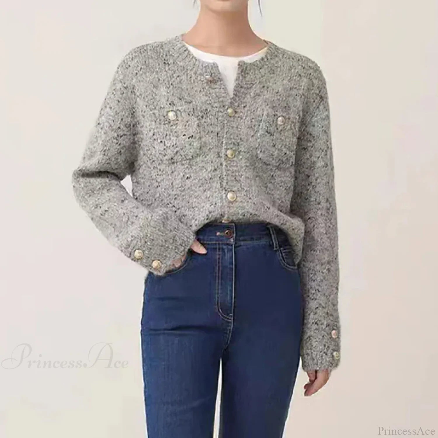 Gray Elegant O-neck Button Cardigan GRAY / One Size