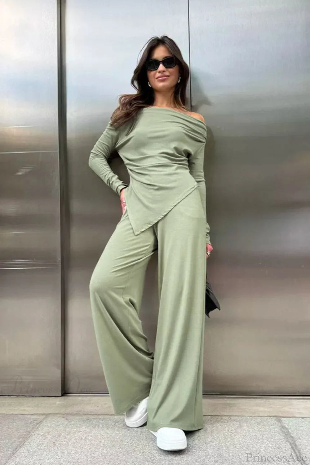 Gray Knit Off-the-Shoulder High Waist Wide Leg Two Piece Set Green / S