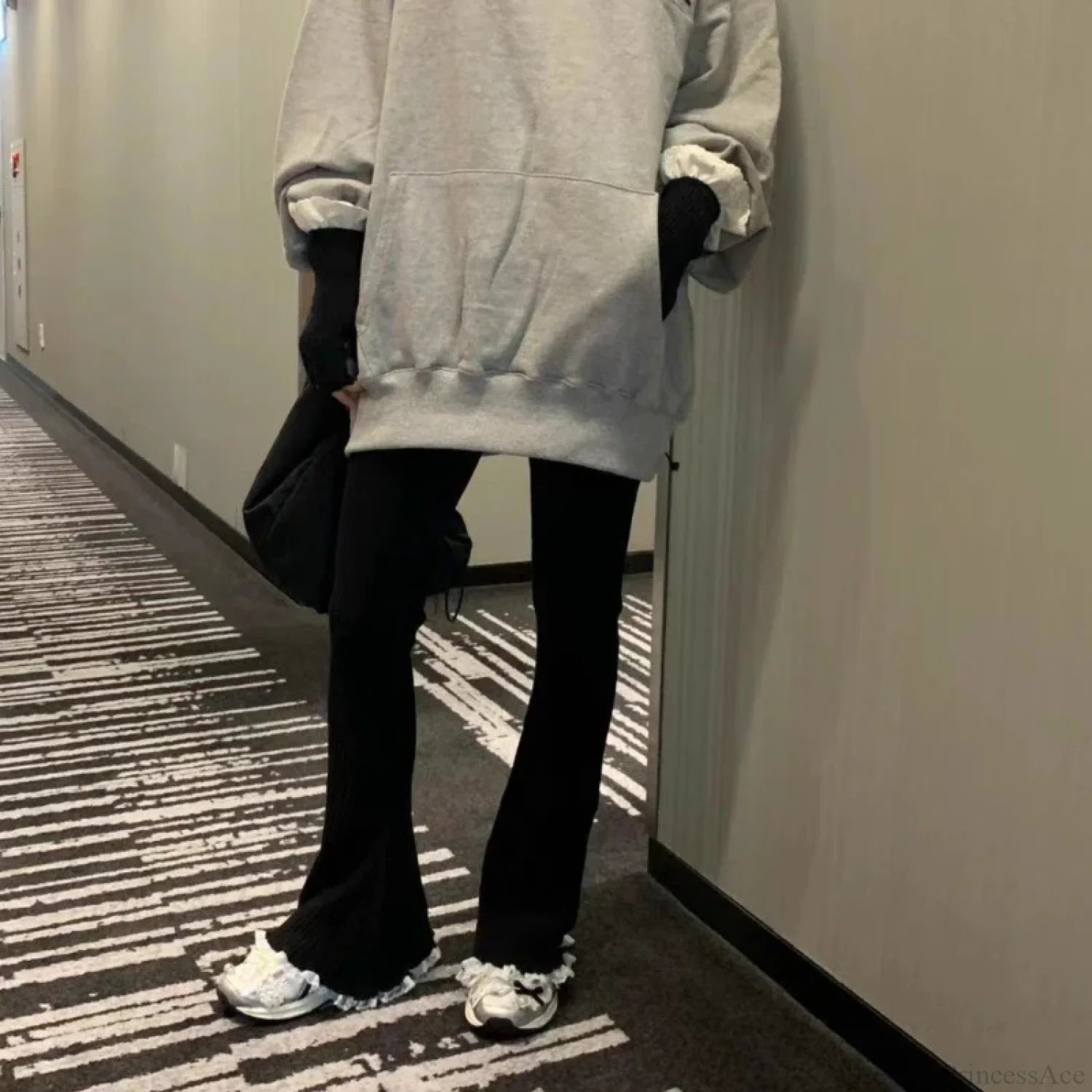 Gray Lace Flare Women Casual Knit Pants