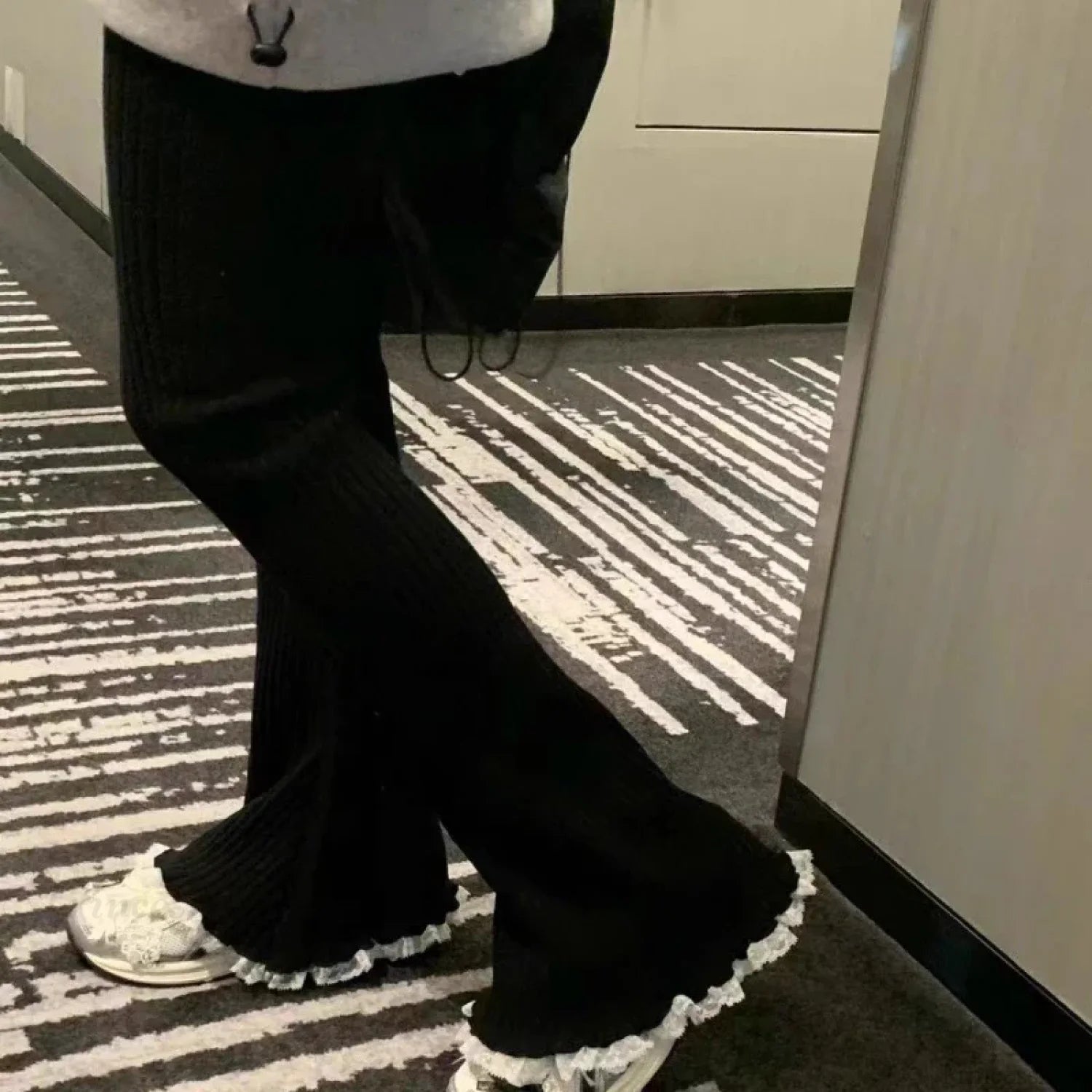 Gray Lace Flare Women Casual Knit Pants Black / S