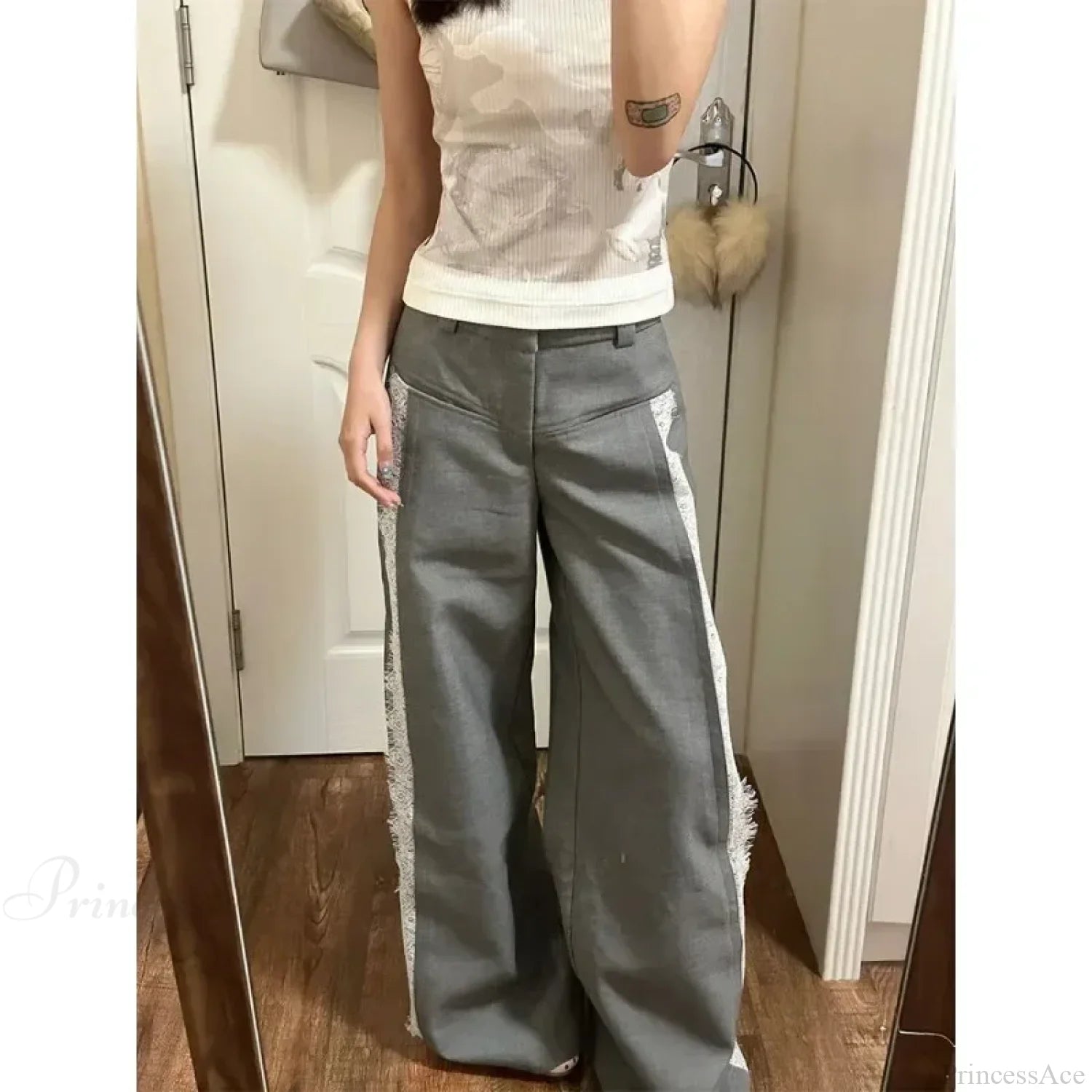 Gray Lace Y2K Women Suit Wide Leg Pants
