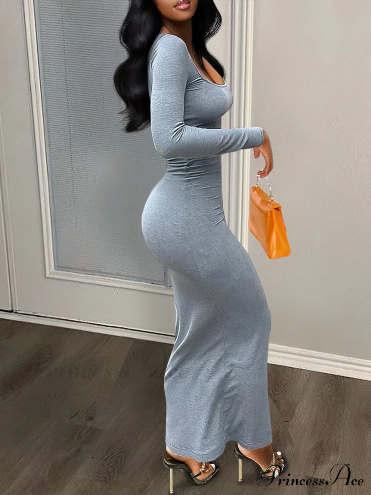 Gray Square Neck Bodycon Dress - Long Sleeve S / Pink Long Sleeve Gray Bodycon Dress