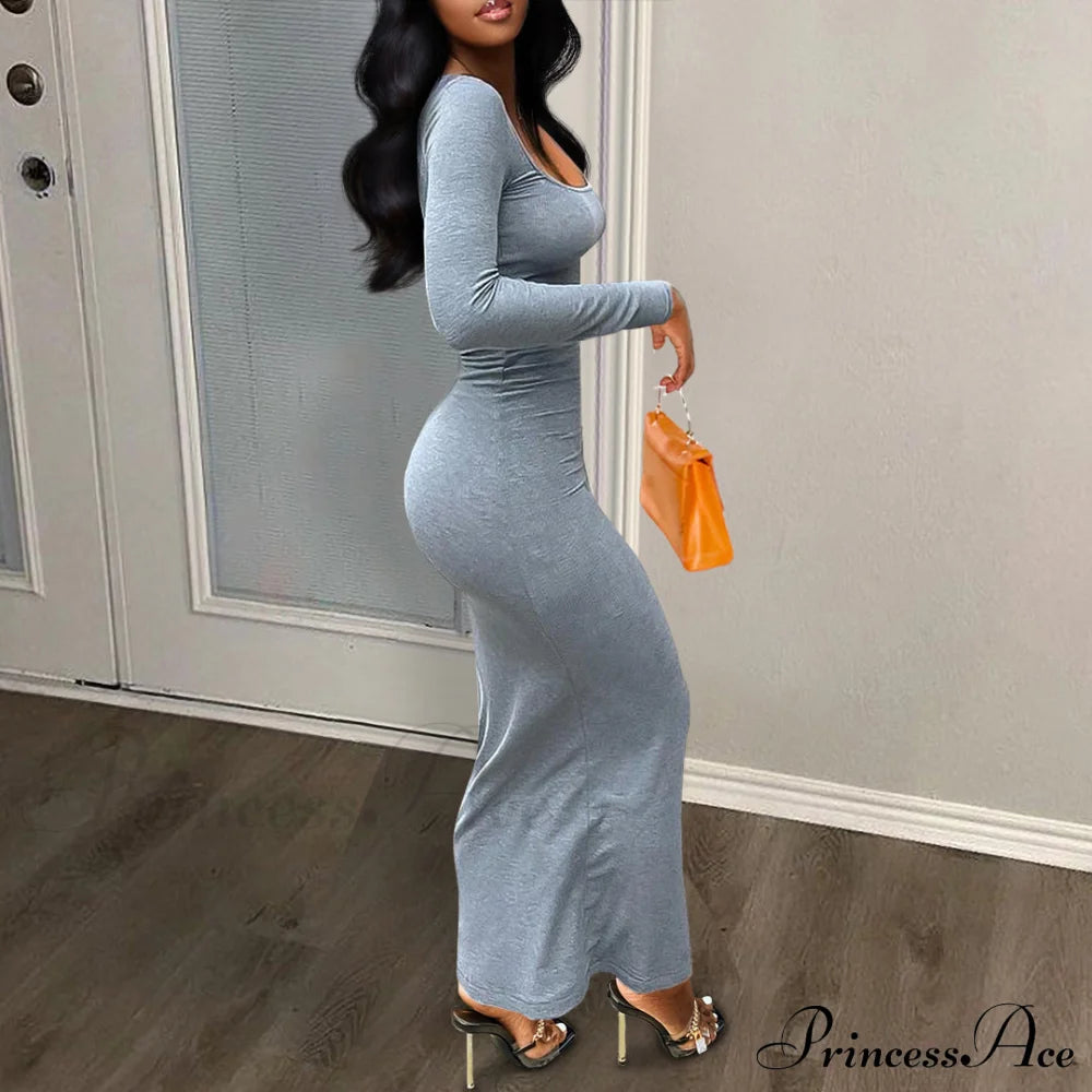 Gray Square Neck Bodycon Dress - Long Sleeve Xs / Long Sleeve Gray Bodycon Dress