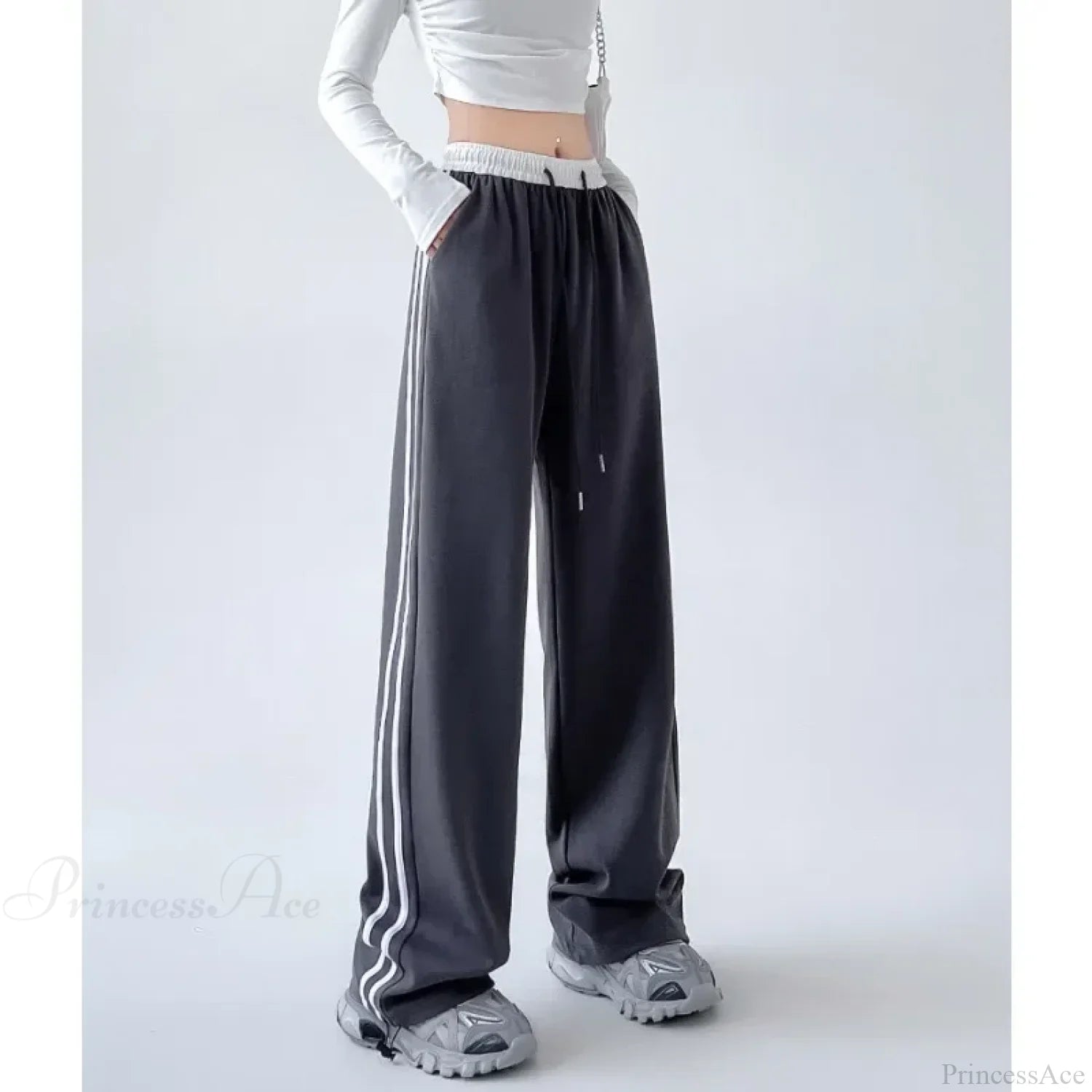 Gray Striped Casual Sweatpants Pants Deep gray / S