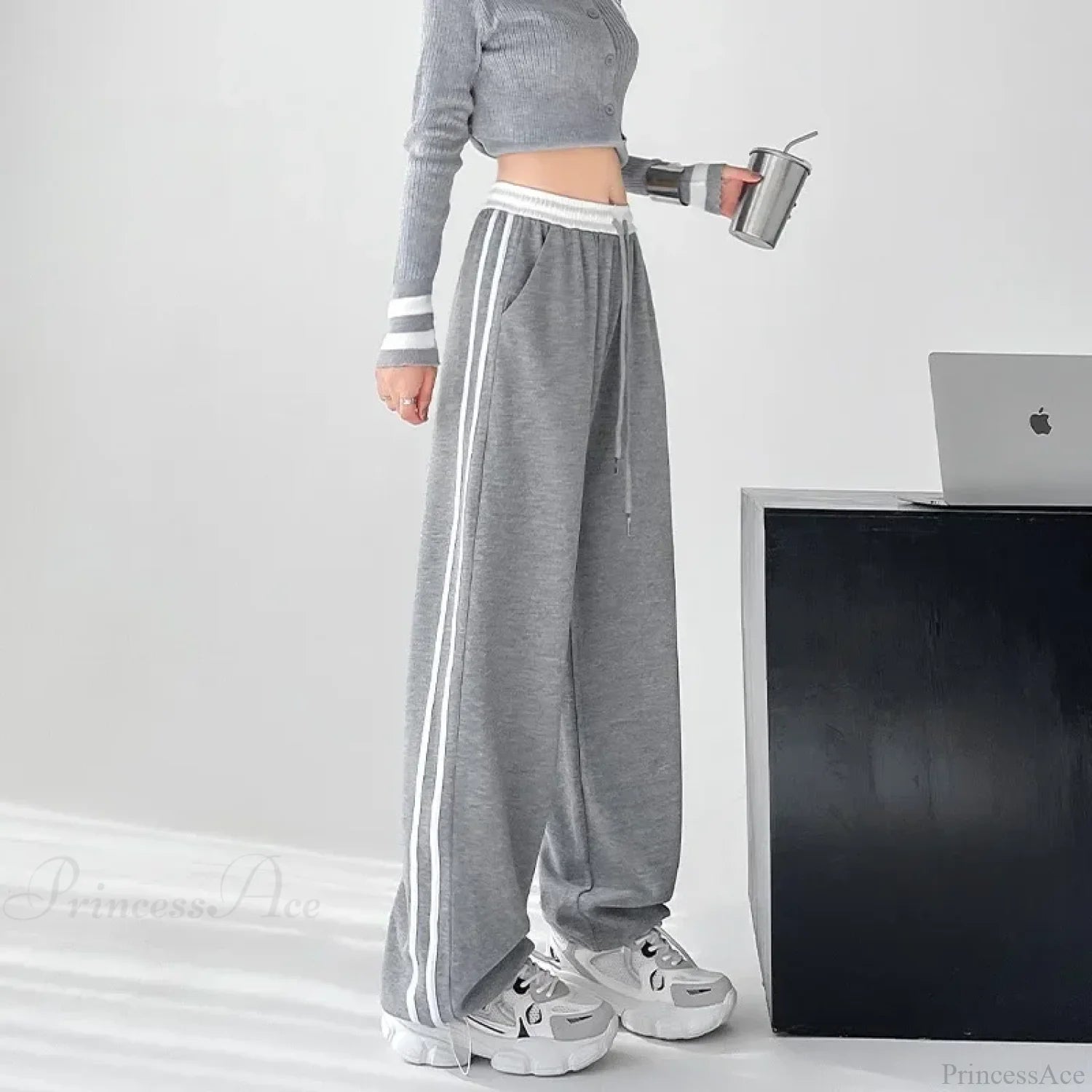 Gray Striped Casual Sweatpants Pants Gray / S