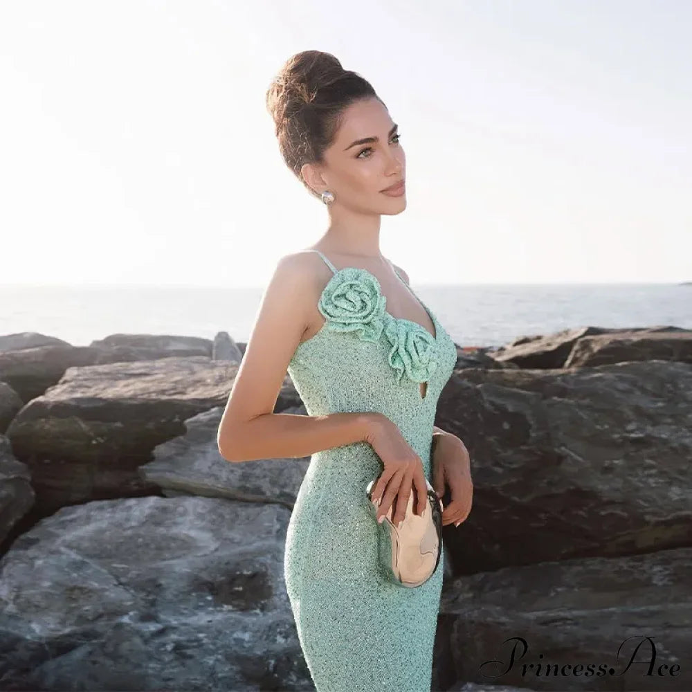 Green 3D Flower Charming Sequin Cami Maxi Dress Print Long