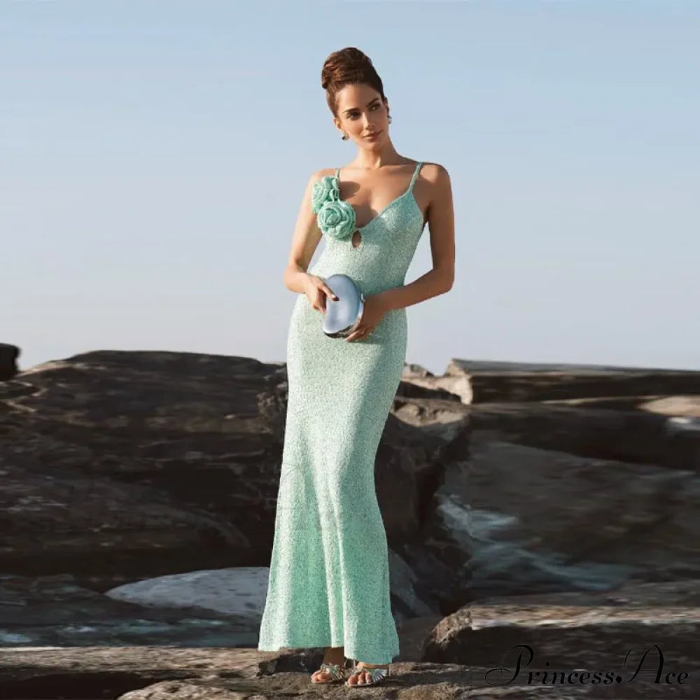 Green 3D Flower Charming Sequin Cami Maxi Dress Print Long
