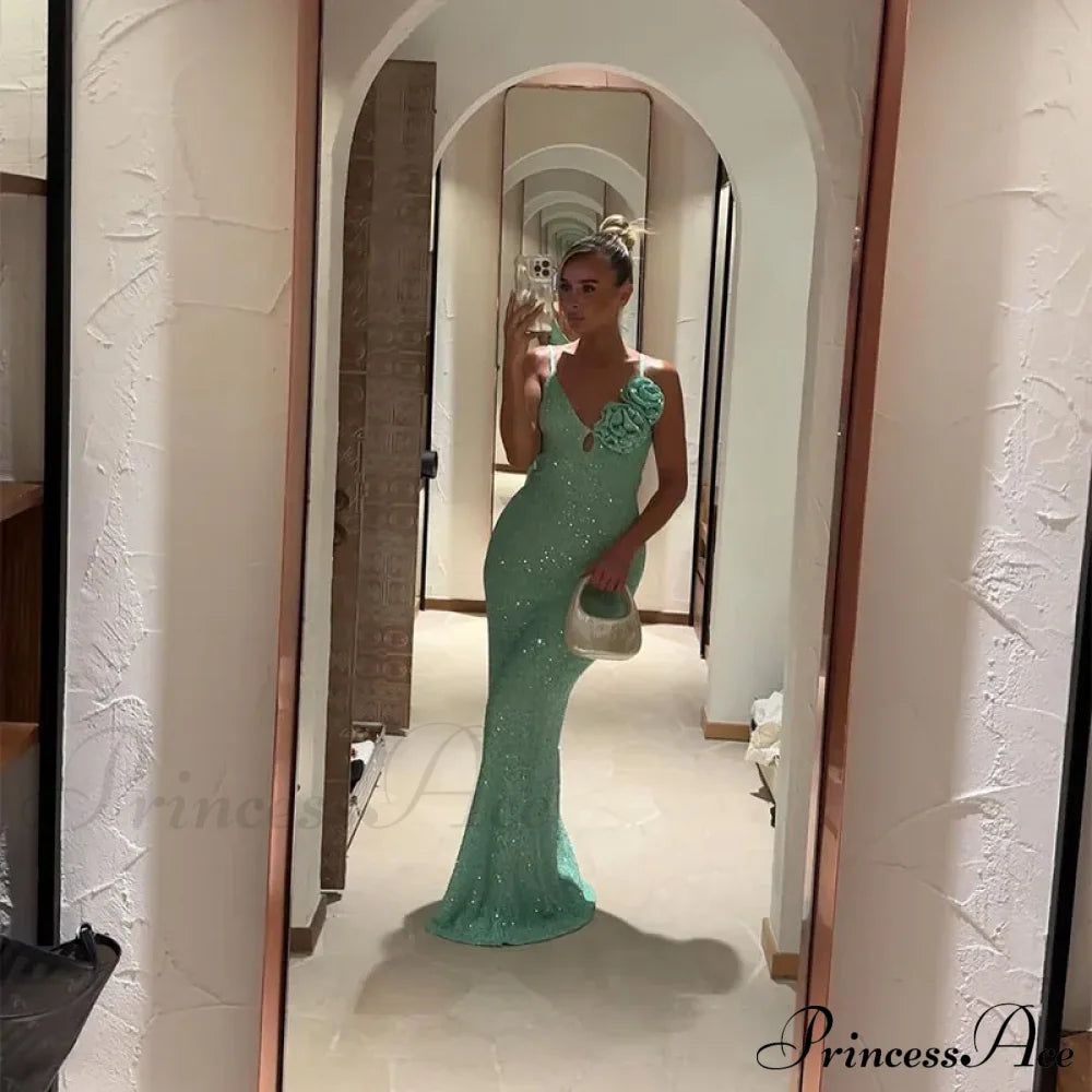 Green 3D Flower Charming Sequin Cami Maxi Dress Print Long