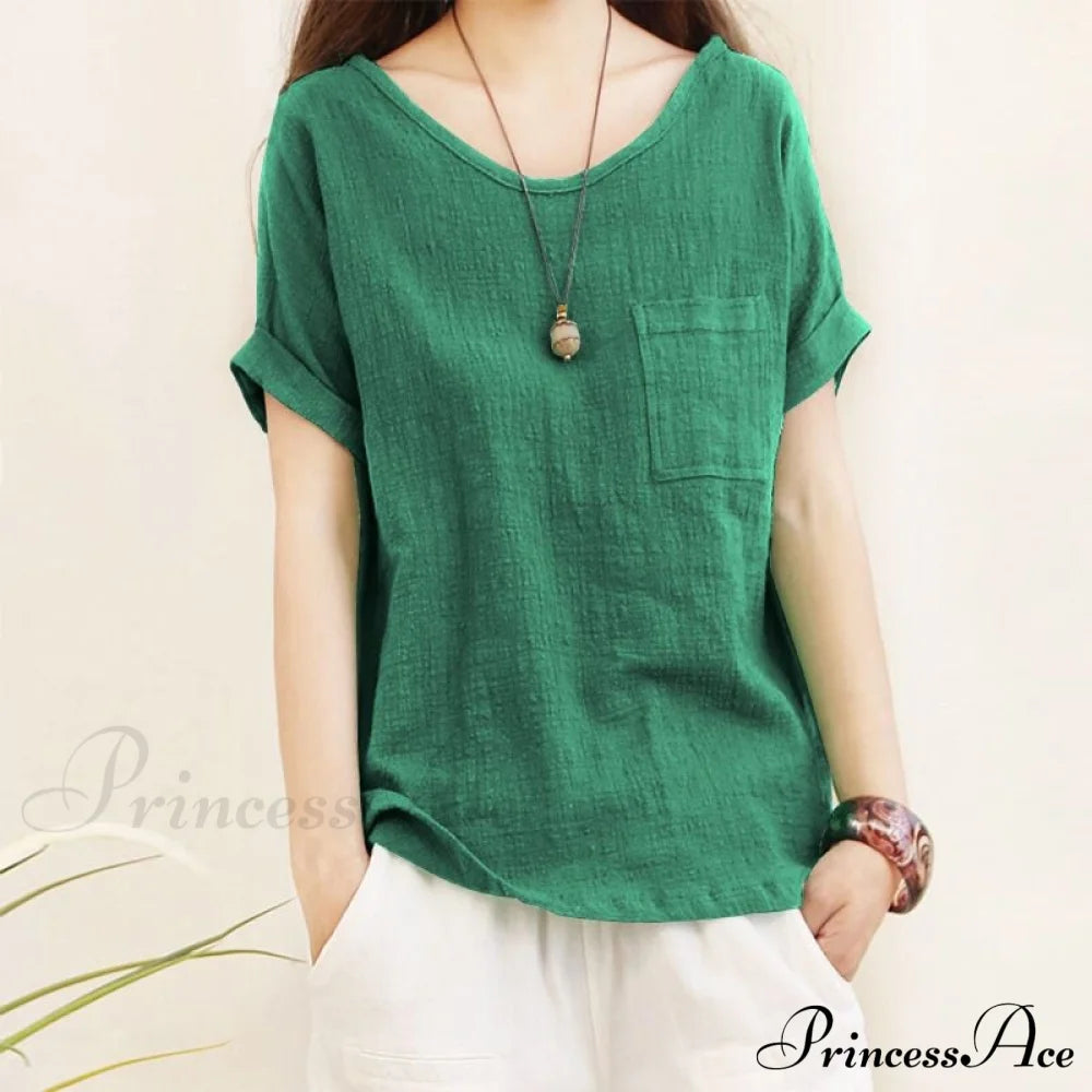 Green Brief Solid Blouse Arm Women Linen 5Xl Cotton Casual 2024 O Neck Oversize Warm-Season Lady