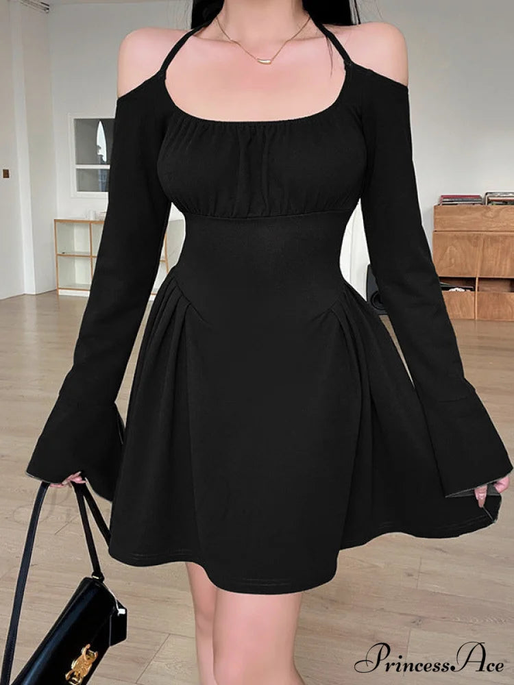 Green Cold Shoulder Dress With Fairycore Vibes L / Black Long Sleeve Skater Dress