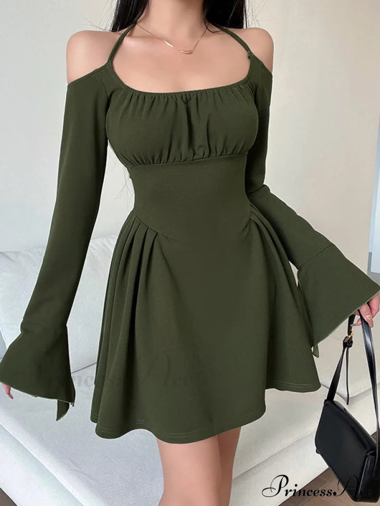 Green Cold Shoulder Dress With Fairycore Vibes S / Black Long Sleeve Skater Dress
