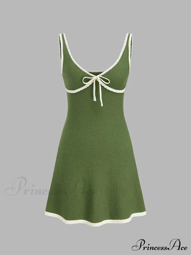 Green Contrast Seam Charming V-Neck Knit Mini Dress