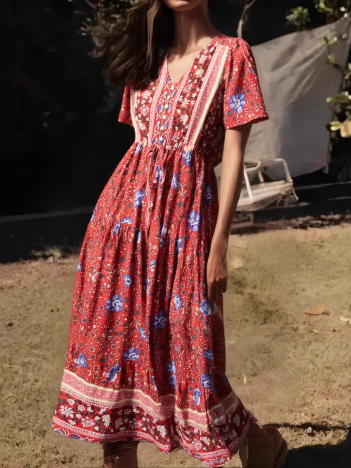 Green Floral Print Ruffles Sleeve Tassel V-neck Rayon Maxi Boho Dress Red / S bohodress-250126