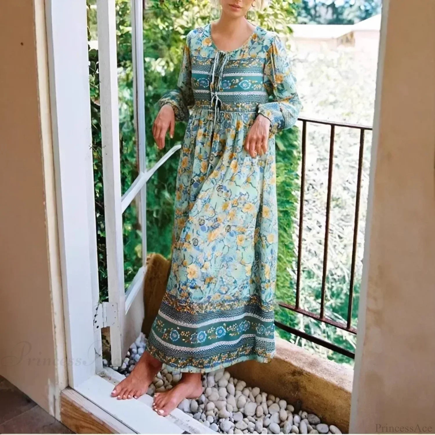 Green Floral Print Tie Neck Long Sleeve Rayon Summer Maxi Boho Dress Green / S bohodress-250126