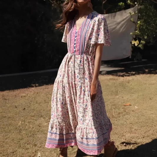 Green Floral Ruffles Sleeve Boho Dress Pink / S bohodress-250126