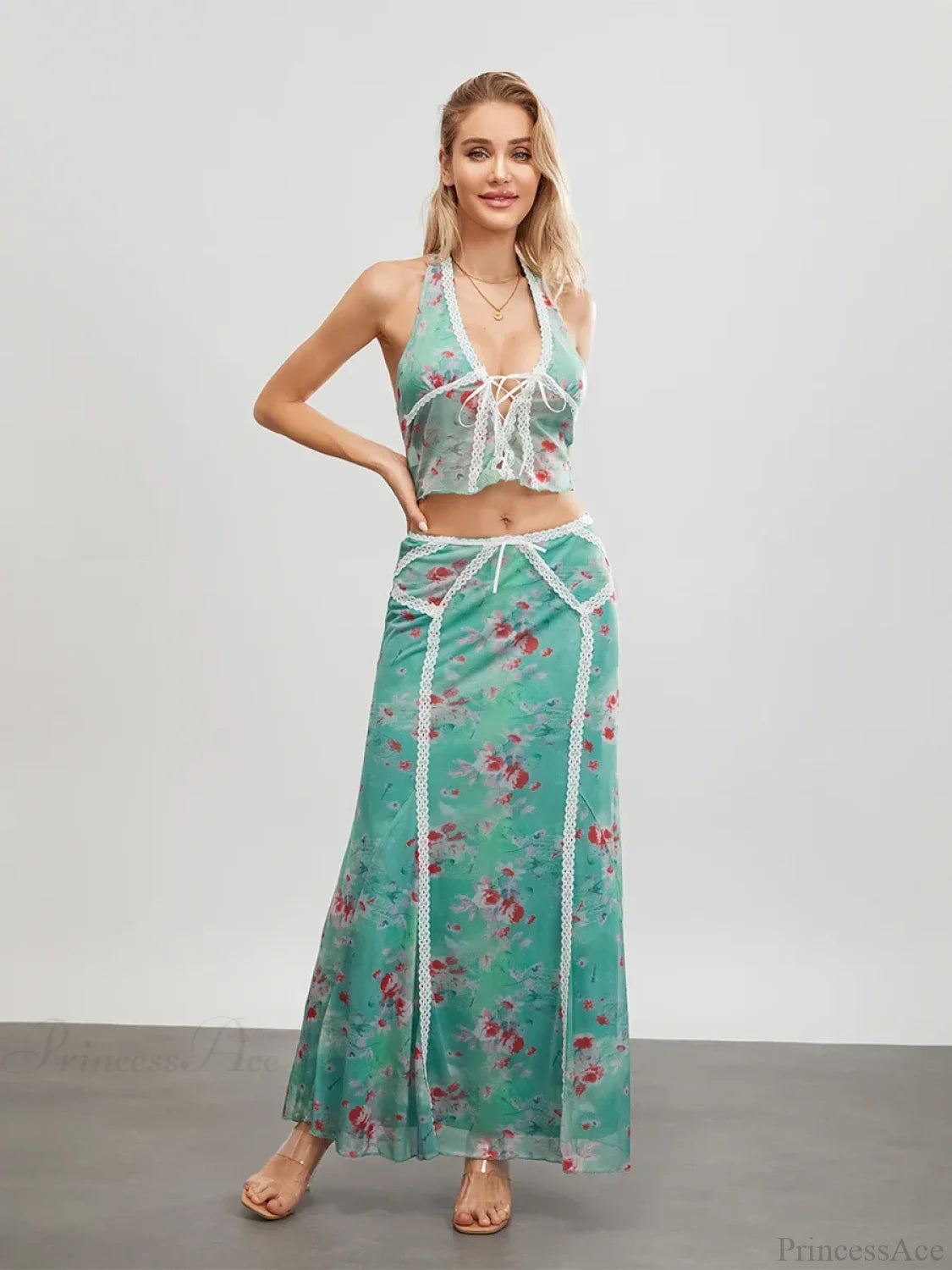 Green Floral Sleeveless Tie-up Halter Backless Long Floral Dress floraldress-250126