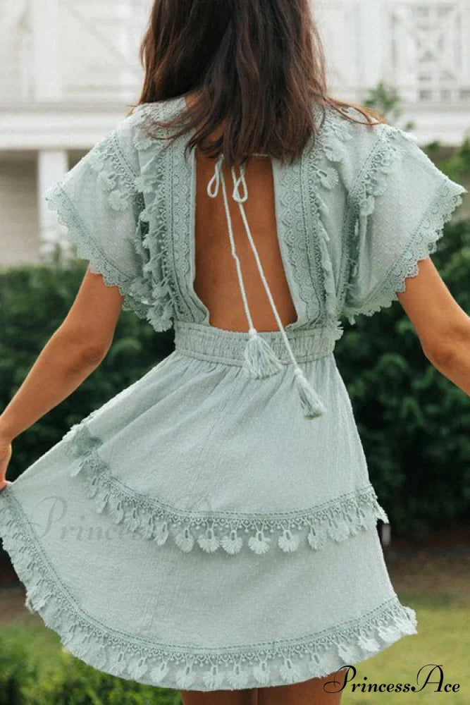 Green Lace Batwing Sleeve Backless Dress For Summer Casual Wear Cap Sleeve Lace Mini Dress